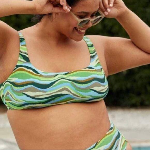 NWT Aerie Wide Strap Scoop Bikini Top XS Green Blue Wavy Print Swim Stretch - Picture 1 of 6